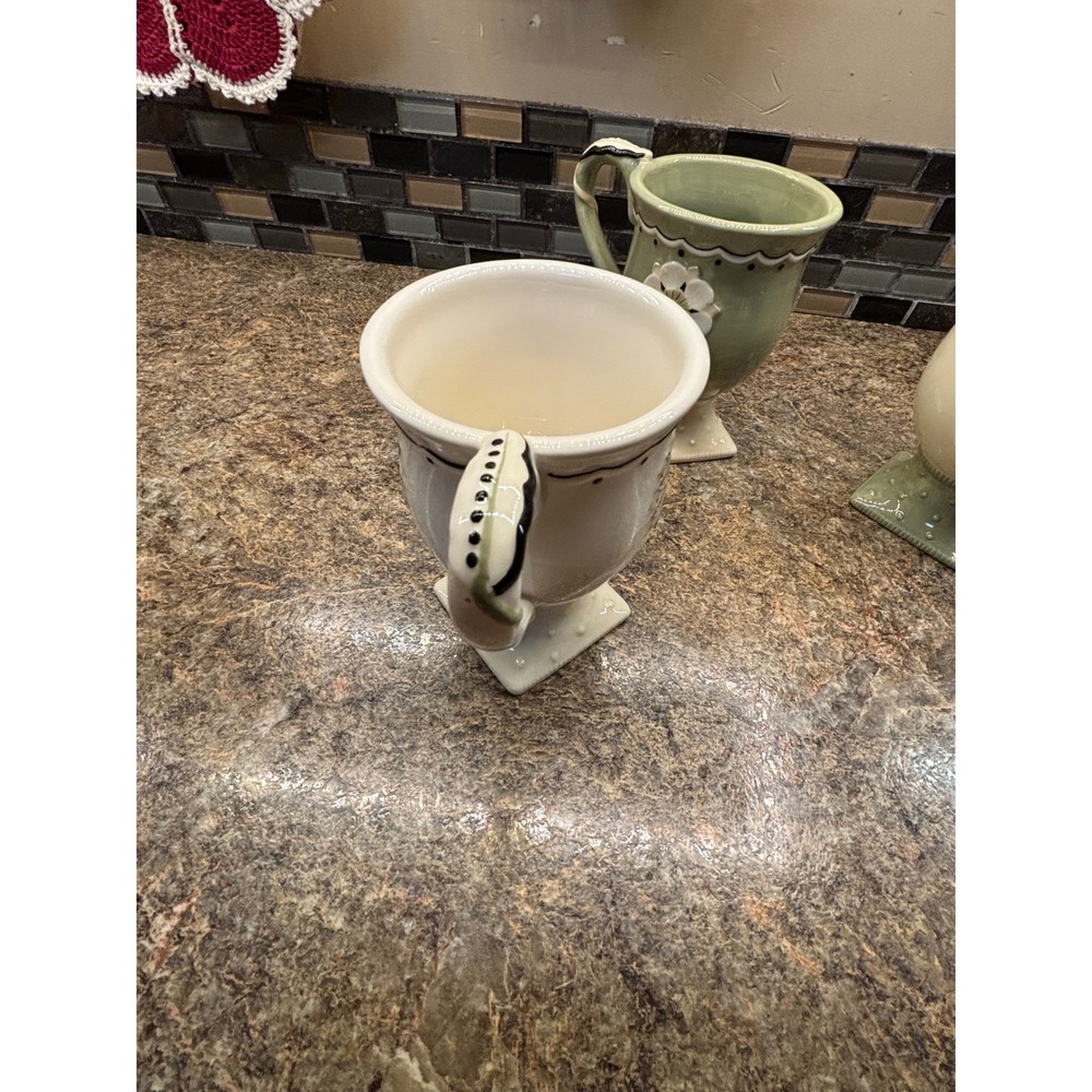 Ceramic Footed Floral Mugs Set of 3 Sage Green Cream Cottage core - Picture 9 of 11